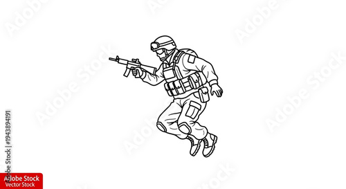 Soldier in tactical gear, running with rifle, dynamic action pose, military illustration