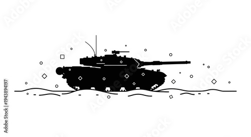 Silhouette of a battle tank in a snowy landscape with abstract geometric shapes