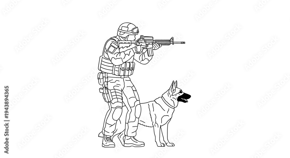 Fototapeta premium Soldier with assault rifle and police dog, tactical team, security, law enforcement, K9 unit