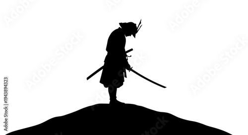 Silhouette of a Samurai Warrior Standing on a Hilltop with Swords