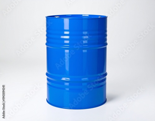 Single Glossy Blue Industrial Steel Drum Isolated on White Background