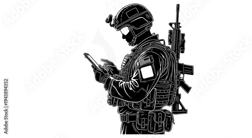 Soldier using smartphone in tactical gear with rifle, modern warfare technology concept