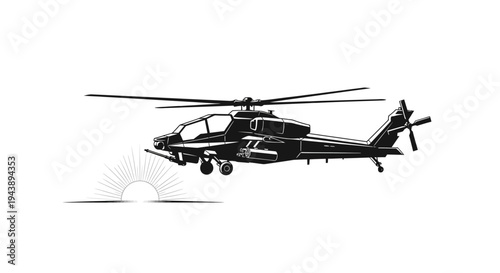 Silhouette of Attack Helicopter Flying Over Sunrise