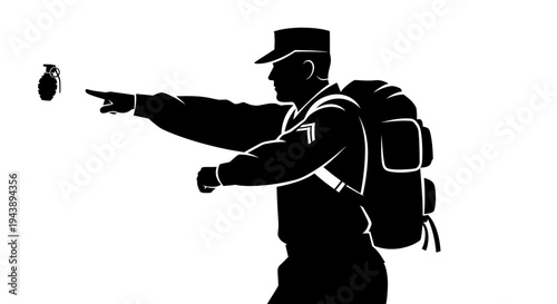 Soldier throwing a grenade, military training, action silhouette, tactical gear, combat readiness