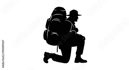 Silhouette of Hiker with Backpack Kneeling on White Background