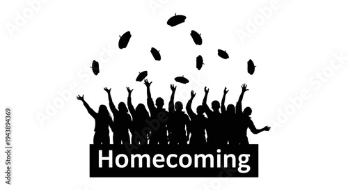 Silhouette of cheering crowd throwing hats in the air with Homecoming text