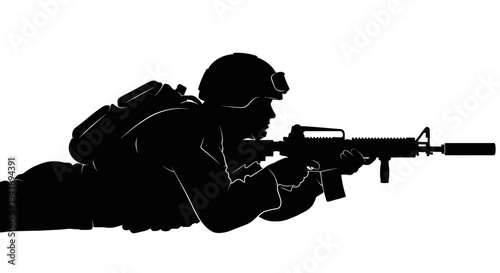 Silhouette of Soldier in Tactical Gear Aiming Rifle in Combat Stance