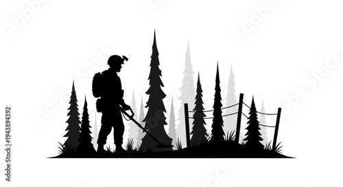 Soldier with metal detector searching in forest, silhouette, military, exploration, danger, war