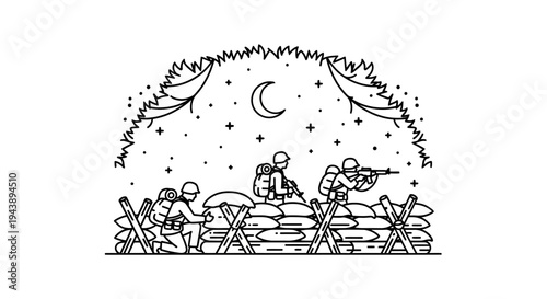Soldiers in foxhole at night, moon and stars, military defense, war scene
