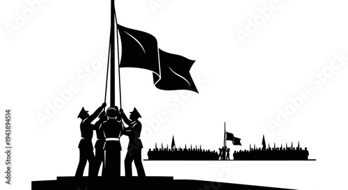 Soldiers Raising Flag Silhouette, Patriotic Ceremony, National Pride, Military Event