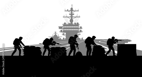 Silhouette Soldiers on Aircraft Carrier Deck with Battleship Background
