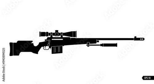 Sniper Rifle Silhouette with Scope and Silencer - Vector Illustration