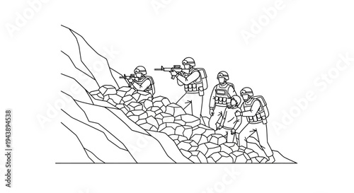 Soldiers in tactical gear aiming rifles on rocky terrain, military operation concept