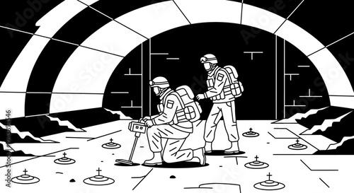 Soldiers with metal detector exploring ancient ruins, archaeological dig, military operation