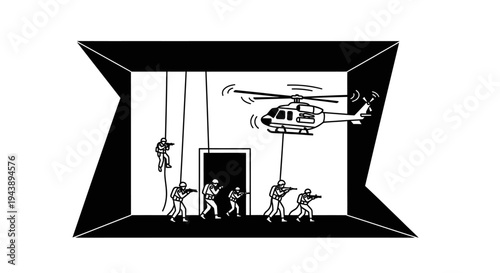 Special Forces Helicopter Rappelling into Building for Raid
