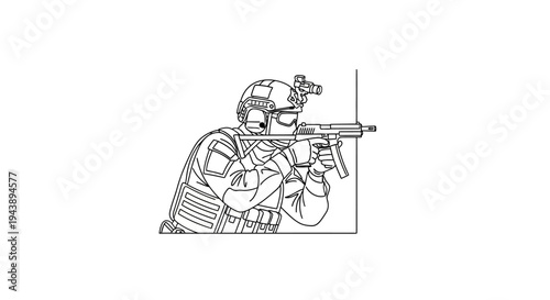 Soldier aiming rifle around corner, tactical gear, military operation, close-up