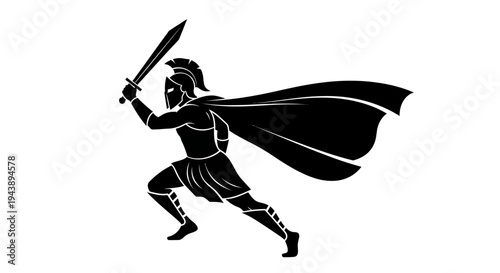 Spartan Warrior Silhouette Running With Sword and Cape