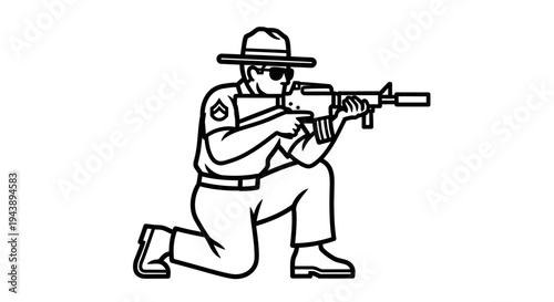 Soldier aiming assault rifle, kneeling pose, tactical gear, police officer, military, security forces