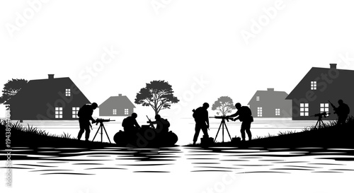 Surveyors and Geologists in Rural Landscape with Houses and Water