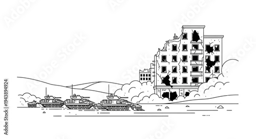 Tanks Advance Past Destroyed Building in War Zone Illustration