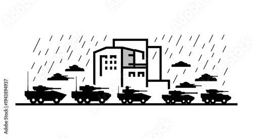 Tanks in Rain near Building, Military Conflict, War Scene