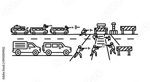 Tactical Team Ambush on Road with Vehicles and Barricades
