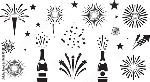 New Year Celebration Fireworks and Champagne Bottles Silhouette Set