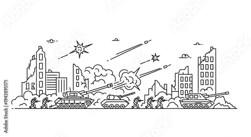 War Scene: Tanks and Soldiers in Destroyed Cityscape, Line Art Illustration
