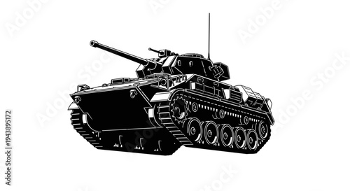 Vintage Military Tank Illustration, Black and White Line Art, Retro Armored Vehicle