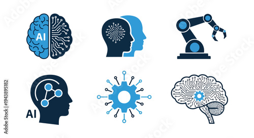 AI brain technology icons set vector blue - Minimalist, flat icon, outline, glyph, linear, clipart, sticker - Blue icon set - Glyph icon
