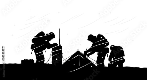 Winter Expedition Team Setting Up Camp in Snowstorm