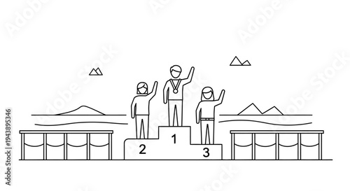 Winners Podium: First, Second, Third Place Athletes Celebrate Victory with Medals