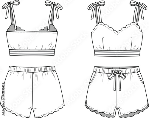 Cad drawing flat vector illustration of women’s lace-trimmed cami top and shorts pajama set with ribbon straps and scalloped edges