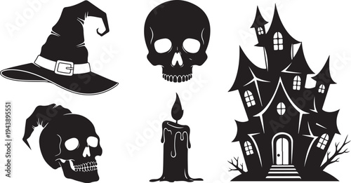 Halloween icons including skulls, witch hat, and haunted house