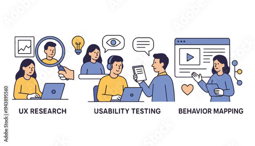 UX research vector illustration with usability testing and behavior mapping