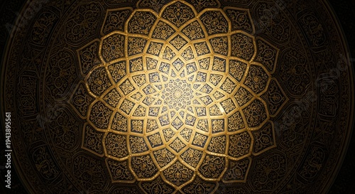 Intricate golden mandala pattern with floral motifs on dark circular background ornament