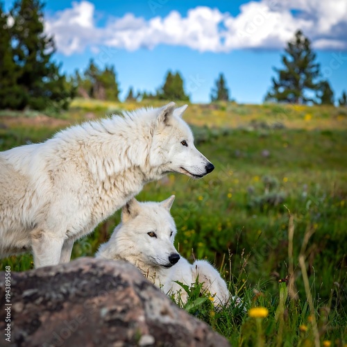 Two white wolves in a grassy field with trees