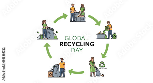 Vector illustration of people engaging in sustainable recycling practices on Global Recycling Day with a circular process of waste management and environmental awareness.