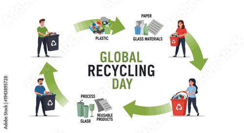 Infographic illustration for Global Recycling Day 2026 showing recycling process and sustainable waste management practices.