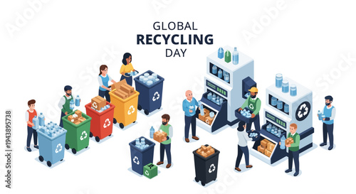 Illustration of people engaging in sustainable recycling practices on Global Recycling Day with recycling symbols and bins.