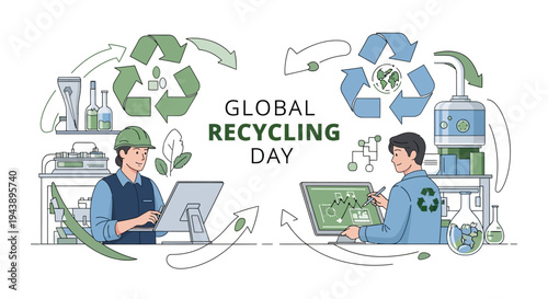 Illustration of two people working on laptops surrounded by recycling symbols and waste management elements on Global Recycling Day.