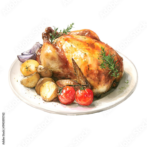 Roast chicken with potatoes isolated for restaurant main course