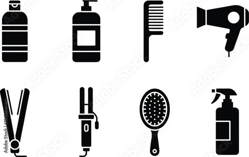 Hair care icons set including shampoo bottle and hair dryer