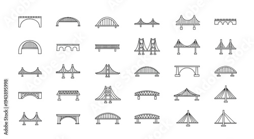 Minimalist flat vector illustration set of bridge icons arranged in a clean grid layout.
