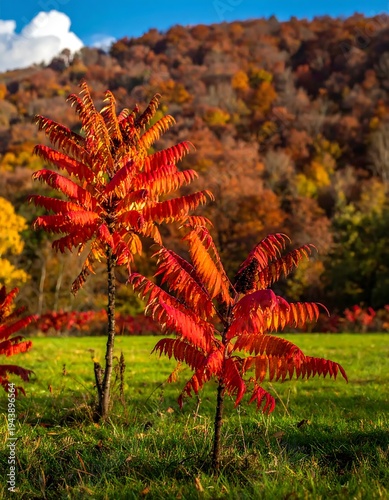 Vibrant red fern plants in a green field with autumn foliage