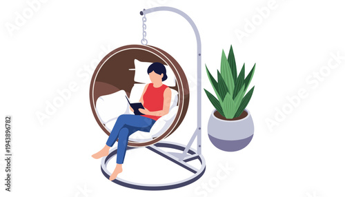 A woman sitting in a hanging chair with a laptop and plant nearby
