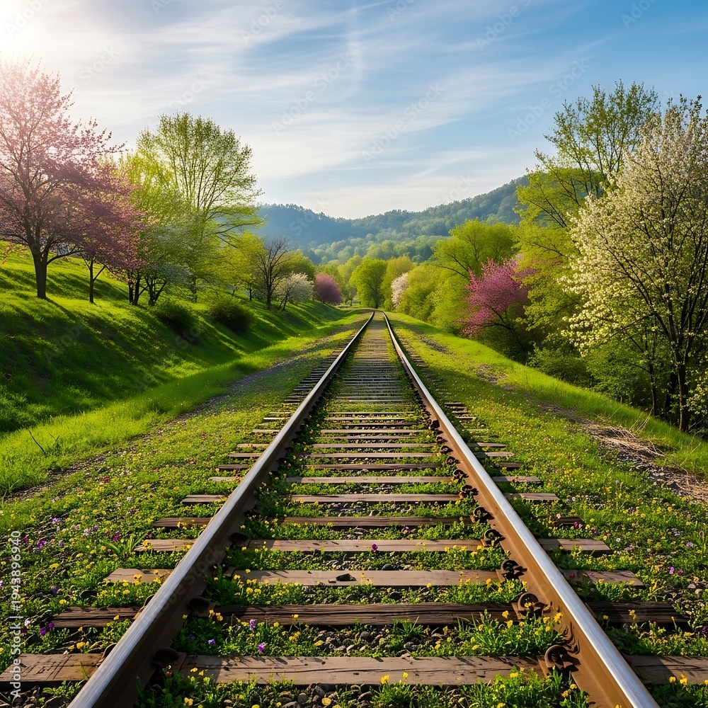 Obraz premium Tracks to Verdant Hills: A Spring Journey.