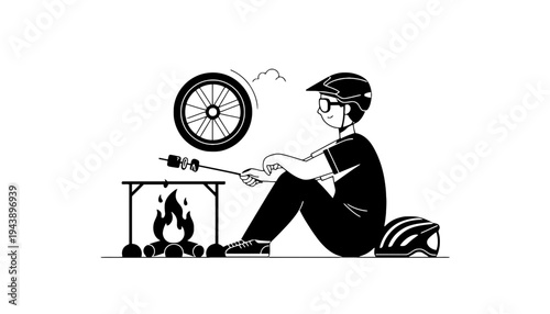 A cyclist sitting by a campfire roasting marshmallows in the woods at night