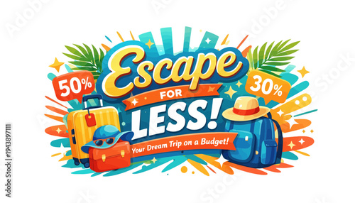 Escape for less travel advertisement with colorful luggage and discounts