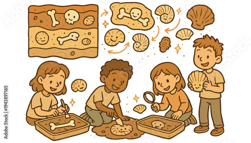Children excavating fossils in a fun educational cartoon illustration